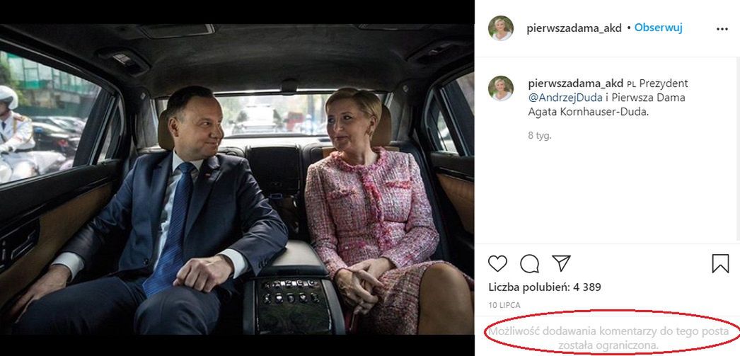 Agata Kornhauser-Duda blokuje komentarze na Instagramie