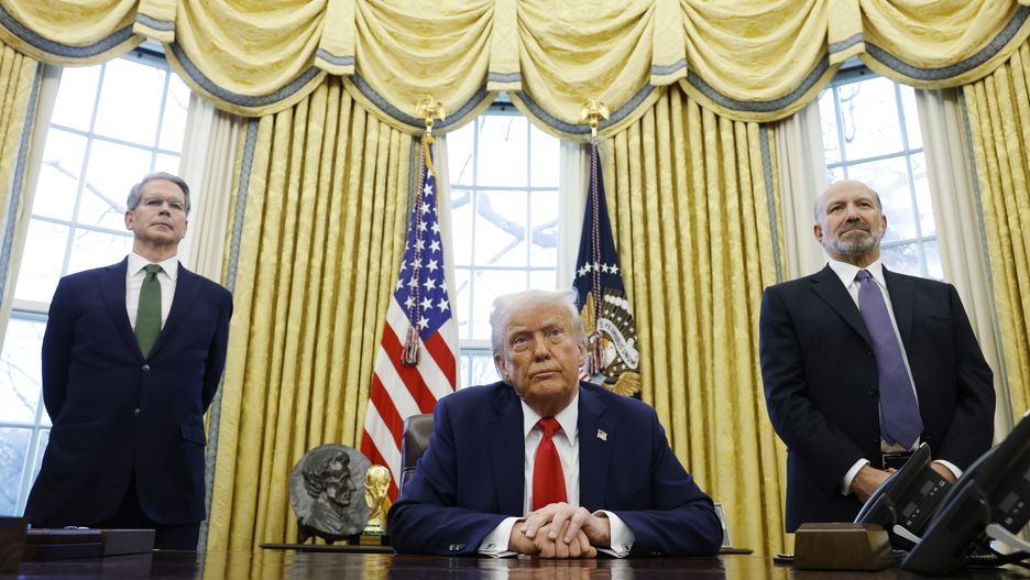 WASHINGTON, DC - FEBRUARY 03:  U.S. Secretary of Treasury Scott Bessent (L) and Howard Lutnick, U.S. President Donald Trump's nominee for Commerce Secretary, (R) stand behind U.S. President Donald Trump as he speaks to reporters in the Oval Office of the White House on February 03, 2025 in Washington, DC. After signing a series of executive orders and proclamations, Trump spoke to reporters about a range of topics including recent negotiations with Mexico on tarriffs. (Photo by Anna Moneymaker/Getty Images)