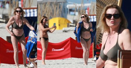 Wiecznie młoda Grażyna Szapołowska pręży się w bikini, pozując z chustą do sesji na plaży w Juracie (ZDJĘCIA)