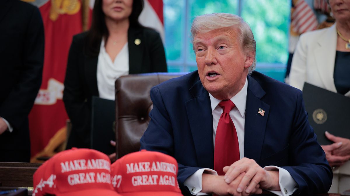 WASHINGTON, DC - APRIL 23: U.S. President Donald Trump speaks to the media after signing executive orders in the Oval Office at the White House on April 23, 2025 in Washington, DC. The seven executive orders were related to education policy including enforcing universities to disclose foreign gifts, artificial intelligence education and school disciplinary policies. (Photo by Chip Somodevilla/Getty Images)