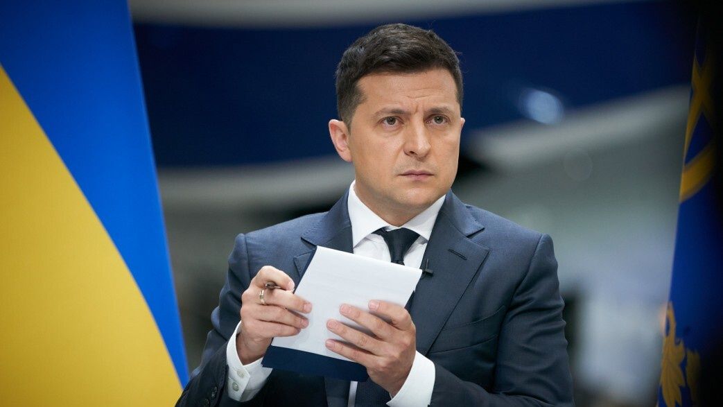 KIEV, UKRAINE - MAY 20: (----EDITORIAL USE ONLY â MANDATORY CREDIT - "UKRAINIAN PRESIDENCY / HANDOUT" - NO MARKETING NO ADVERTISING CAMPAIGNS - DISTRIBUTED AS A SERVICE TO CLIENTS----) President of Ukraine Volodymyr Zelensky attends a news conference on two years in office at the Antonov State Enterprise in Kiev, Ukraine on May 20, 2021. (Photo by Ukrainian Presidency/Handout/Anadolu Agency via Getty Images)