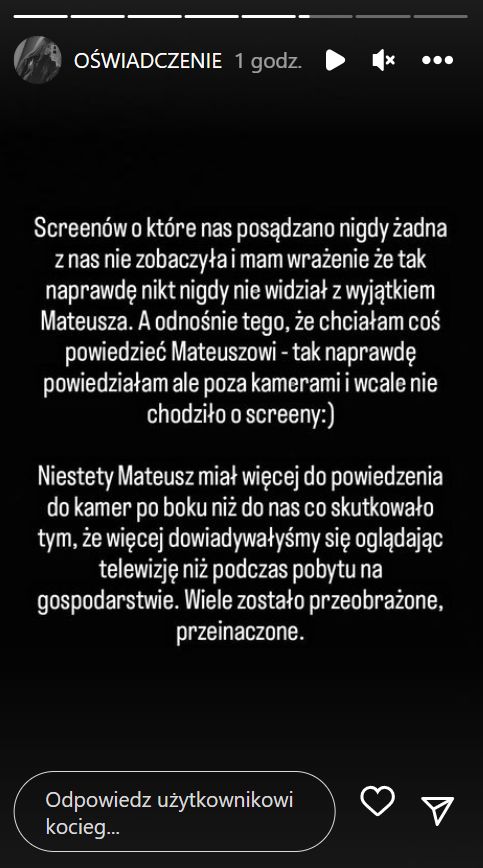 Zuza przedstawiła swoją wersję tego, co działo się na gospodarstwie Mateusza