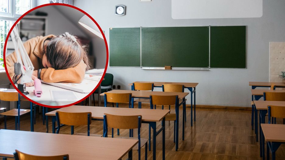 Sala lekcyjna i zmęczone uczennica