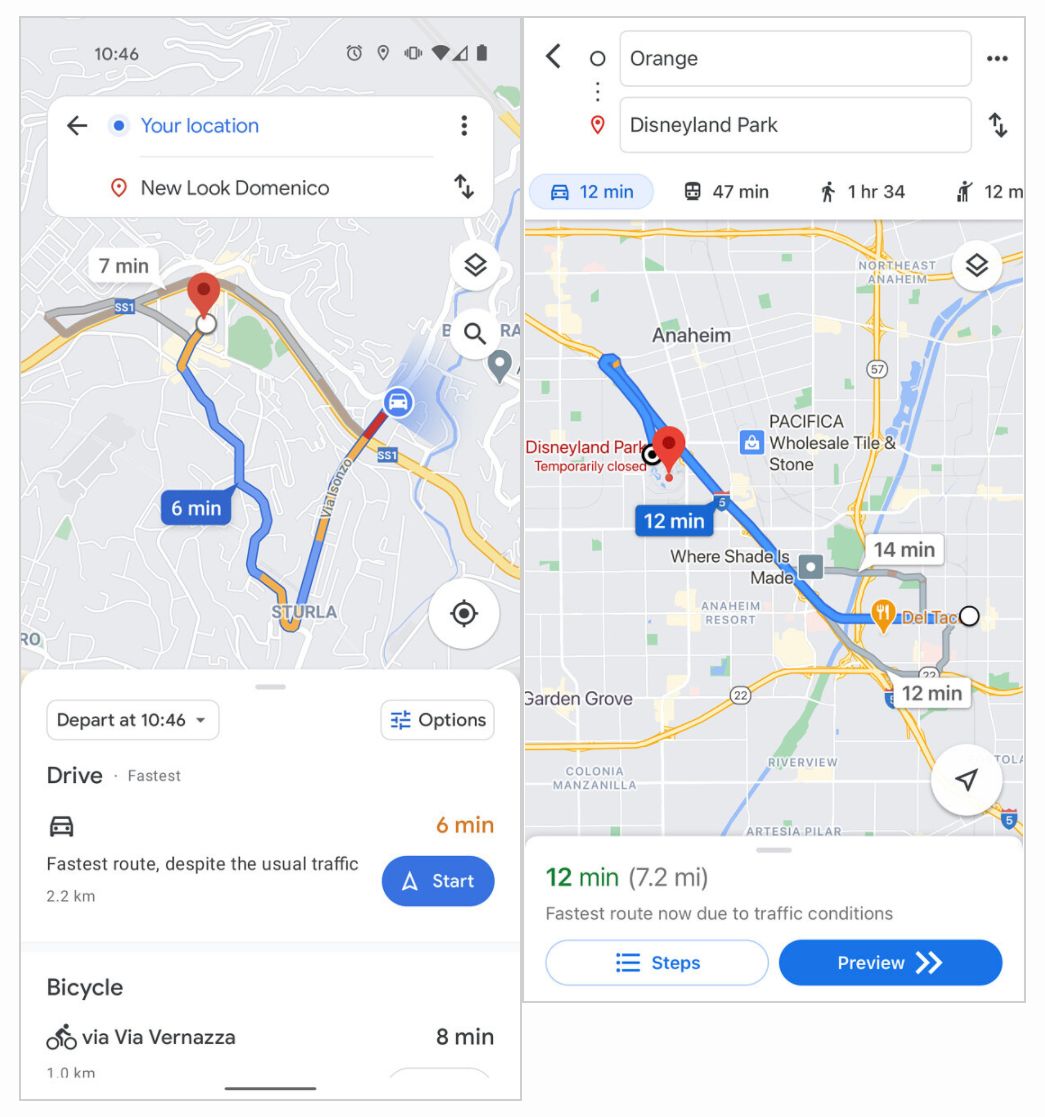 Od lewej: "nowy" i obecny interfejs Map Google, fot. XDA Developers.