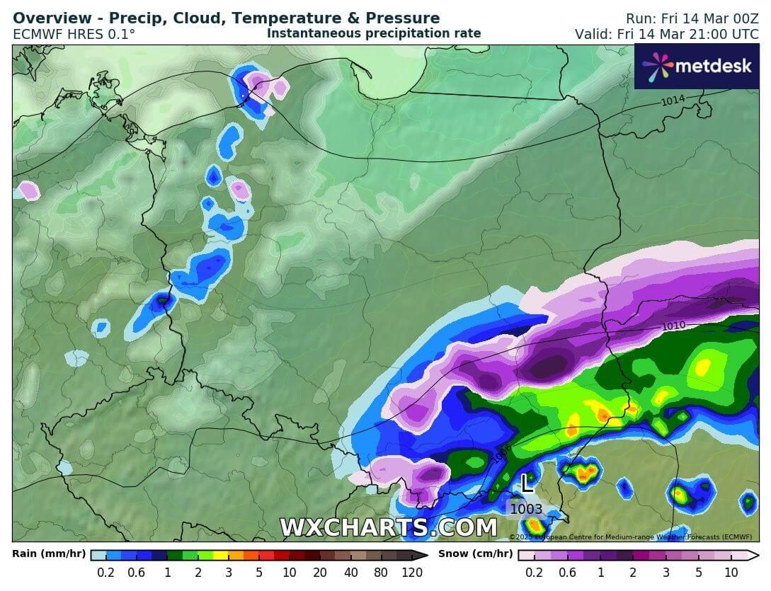 Prognozowane opady deszczu ze śniegiem i śniegu w województwie lubelskim - piątek, 14 marca o godz. 22:00
