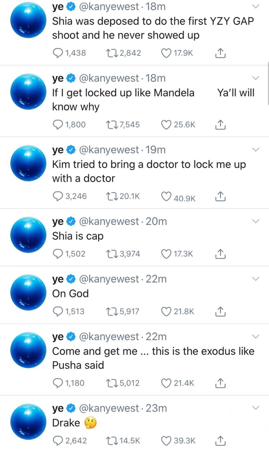 Wiadomości opublikowane przez Kanye na Twitterze