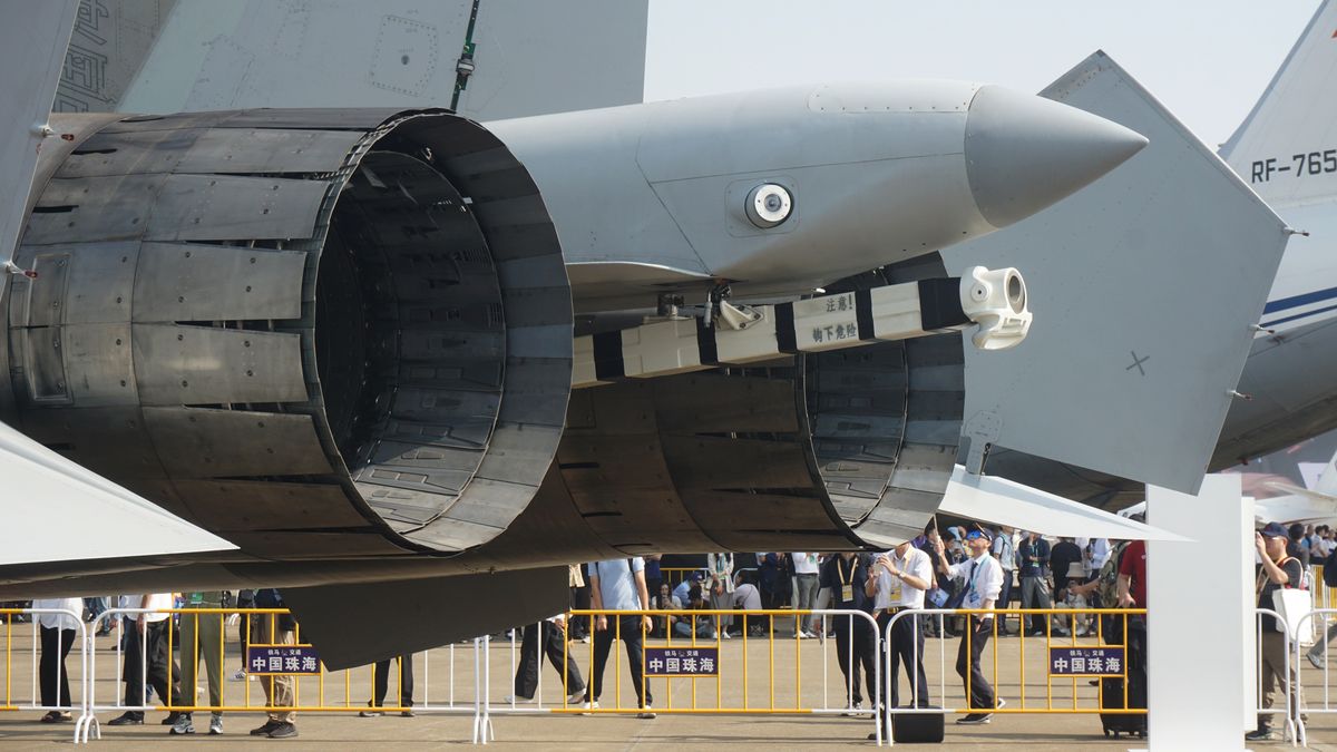 J-15T at 2024 Zhuhai Air Show
The tail hook of the J-15T fuselage is photographed at the 2024 Zhuhai Air Show in Guangdong Province, China, on November 12, 2024. (Photo by Costfoto/NurPhoto via Getty Images)
NurPhoto
aviation event, november 12, air show, flight demonstration, costfoto, aircraft, tail hook, guangdong, aircraft technology., carrier-based aircraft, zhuhai air show, fighter jet, air display, j-15t, aerospace, nurphoto, aerospace exhibition, aviation photography, aviation, naval aviation, china, defense technology, military aircraft, chn, chinese aerospace, defense exhibition, military technology, aviation industry