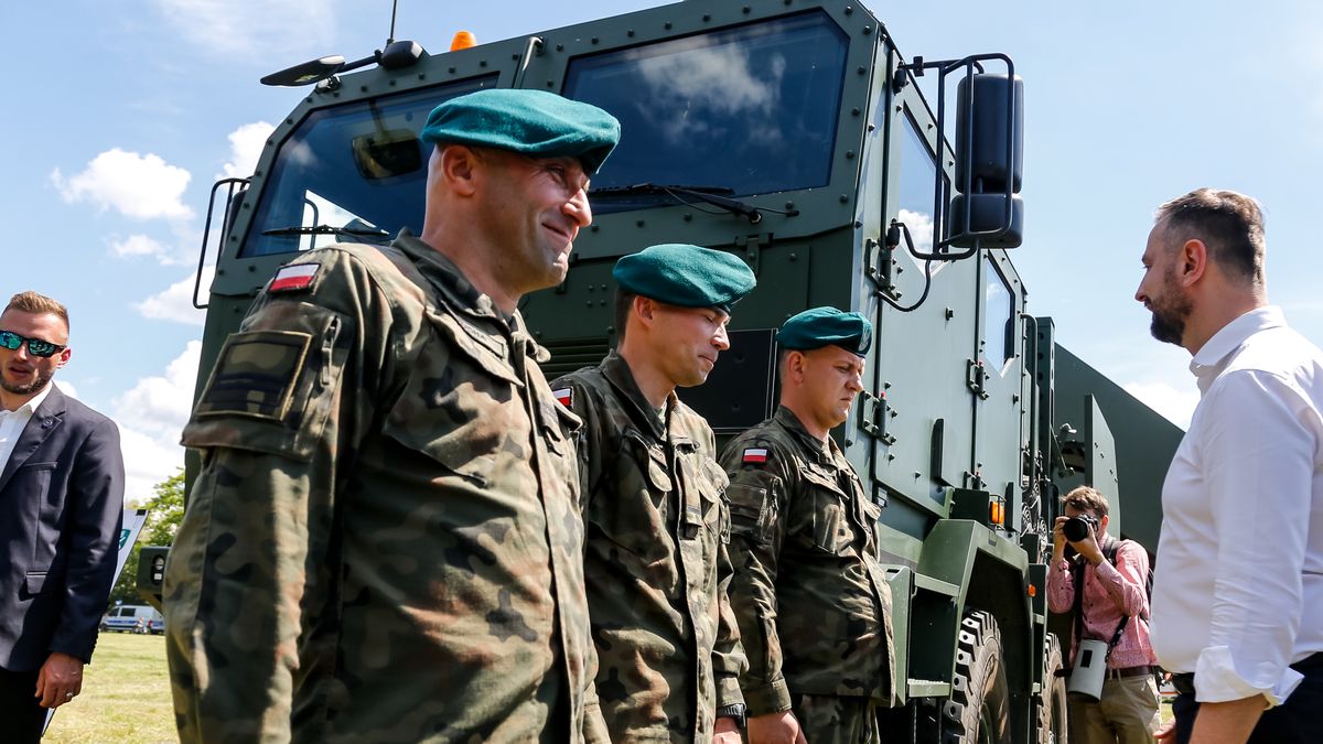 Deputy Prime Minister of Poland and Minister of Defence, Wladyslaw Kosiniak-Kamysz meets Polish army soldiers during presentation of most modern Polish armour as Poland celebrates Monte Casino battle anniversary on Blonia public park in the old town of Krakow, Poland on May 18, 2024. During the celebrations Polish Prime Minister, Donald Tusk announced 10 billion zoty in spending on new security measures for the Polish - Belarus border. (Photo by Dominika Zarzycka/NurPhoto via Getty Images)