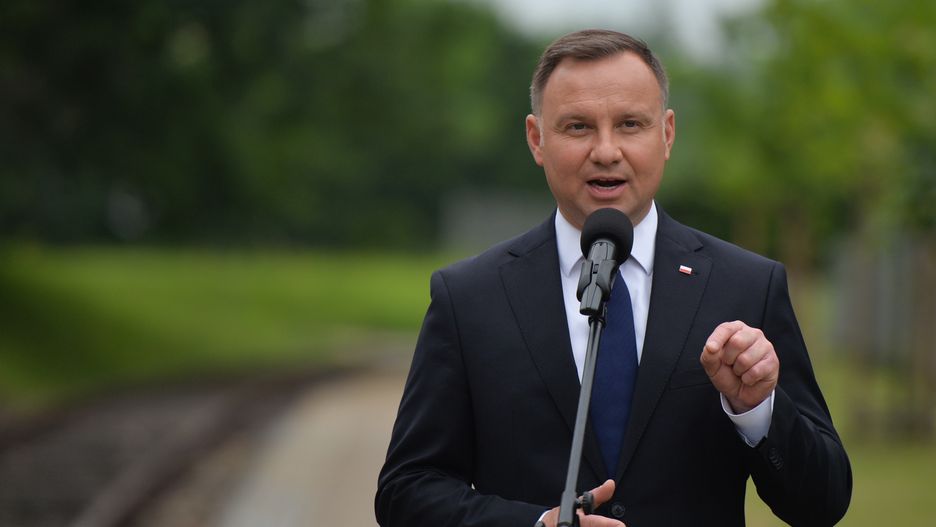 The President of Poland Andrzej Duda seen during the celebrations of the 80th anniversary of the first transport of Polish prisoners to Auschwitz.In 2006, the Polish Sejm (parliament) voted to make June 14th the National Day of Remembrance for the Victims of German Nazi Concentration and Extermination Camps.On June 14, 2020, in Oswiecim, Poland. (Photo by Artur Widak/NurPhoto via Getty Images)