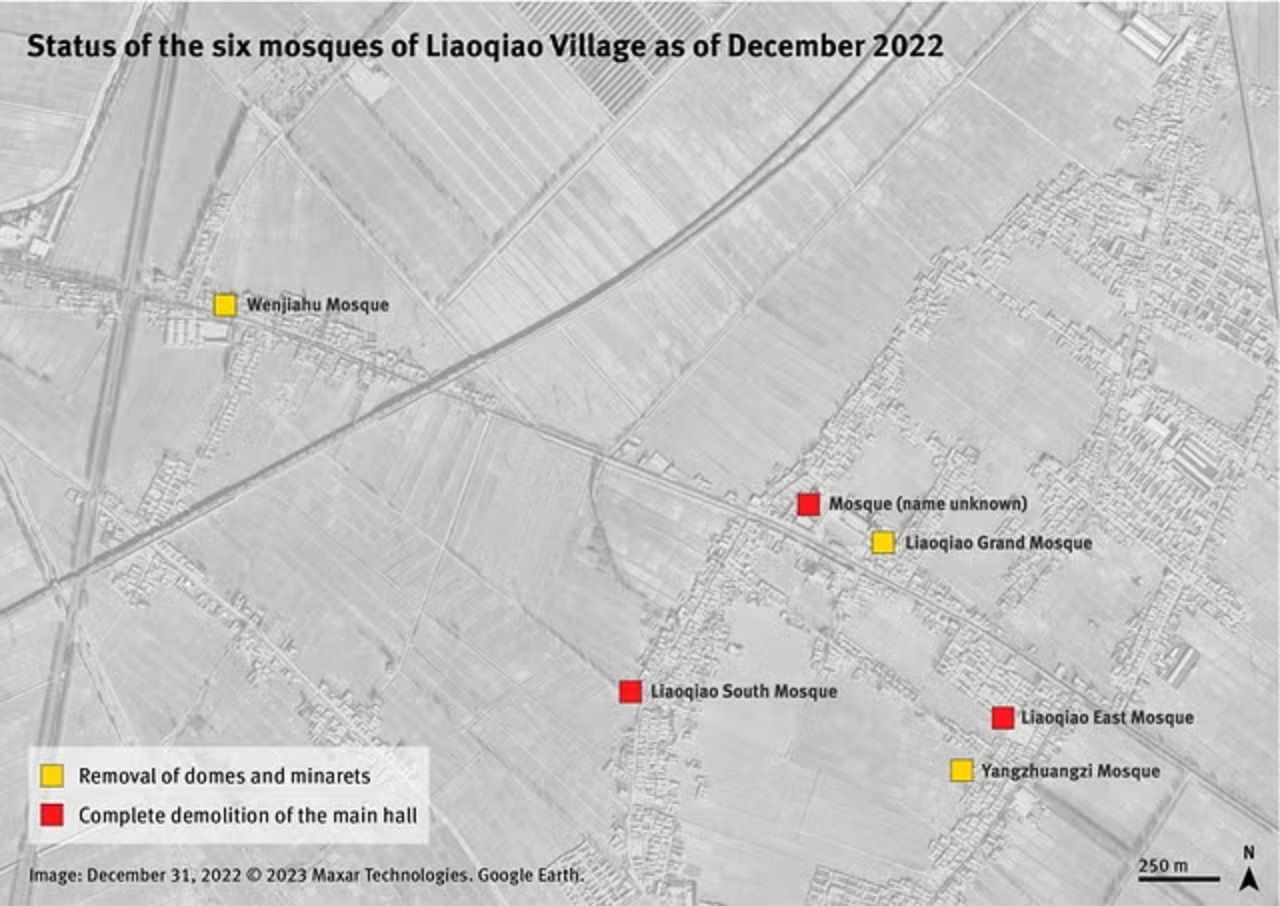 The condition of six mosques in the village of Liaoqiao in December 2022. Human Rights Watch / Maxar