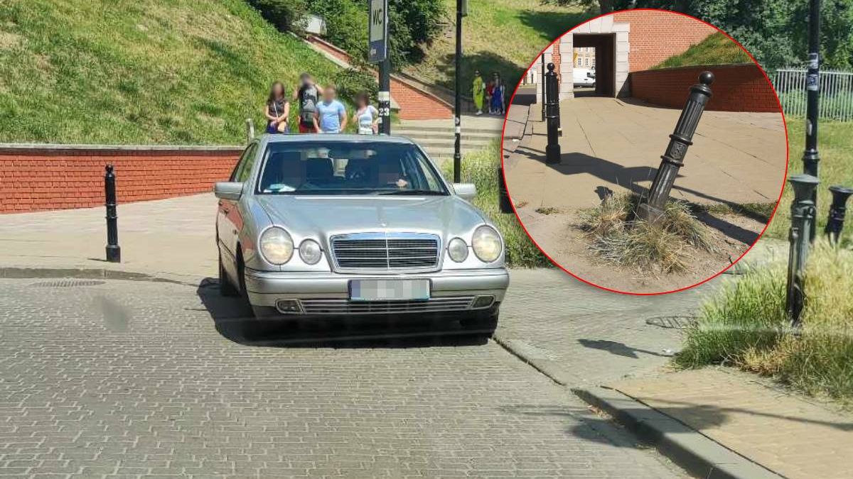 Kobieta kierująca Mercedesem wjechała pod prąd na ul. Podwale i uszkodziła słupek