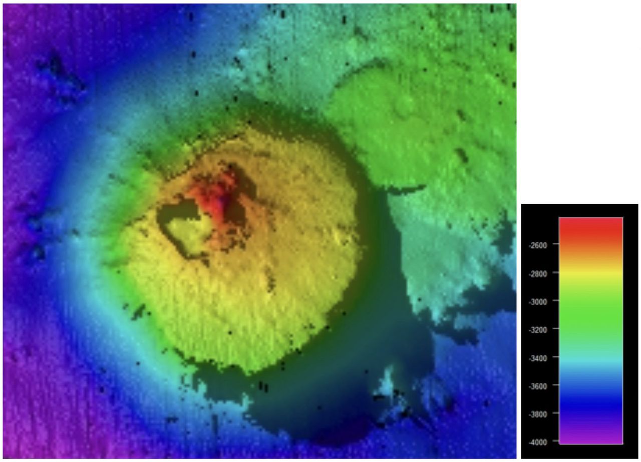 An underwater mountain, rising from a depth of about 4000 meters in the Pacific Ocean. The peak is located at a depth of 2,400 meters below sea level.