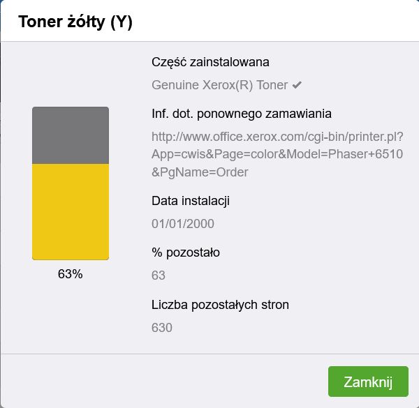 Tak wygląda widok toneru startowego (bez regionalizacji). Przykład dla toneru żółtego