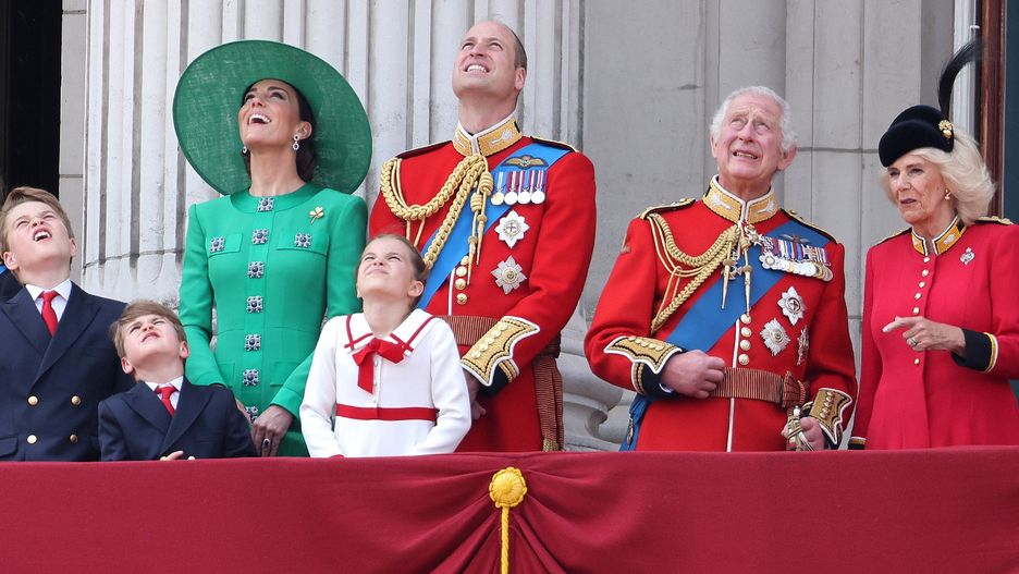 Trooping The Colour 2023LONDON, ENGLAND - JUNE 17: Sir Timothy Lawrence, Princess Anne, Princess Royal, Prince George of Wales, Prince Louis of Wales, Princess Charlotte of Wales, Catherine, Princess of Wales, Prince William, Prince of Wales, King Charles III, Queen Camilla, Prince Edward, Duke of Edinburgh and Sophie, Duchess of Edinburgh stand on the balcony of Buckingham Palace to watch a fly-past of aircraft by the Royal Air Force during Trooping the Colour on June 17, 2023 in London, England. Trooping the Colour is a traditional parade held to mark the British Sovereign's official birthday. It will be the first Trooping the Colour held for King Charles III since he ascended to the throne. (Photo by Neil Mockford/Getty Images)Neil Mockford
