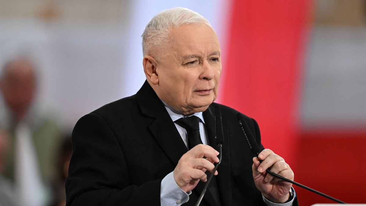 Leżajsk, 25.02.2024. Prezes PiS Jarosław Kaczyński przemawia podczas otwartego spotkania z mieszkańcami Leżajska, 25 bm. (ad) PAP/Darek Delmanowicz