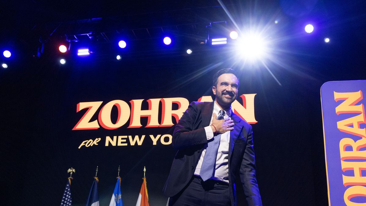 NEW YORK, NEW YORK - NOVEMBER 04: Democratic New York City mayoral candidate Zohran Mamdani delivers remarks at his election night watch party at the Brooklyn Paramount Theater on November 04, 2025 in the Brooklyn borough in New York City. Mamdani defeated Independent candidate Andrew Cuomo and Republican candidate Curtis Sliwa in the election for New York City mayor.(Photo by Andrew Lichtenstein/Corbis via Getty Images)