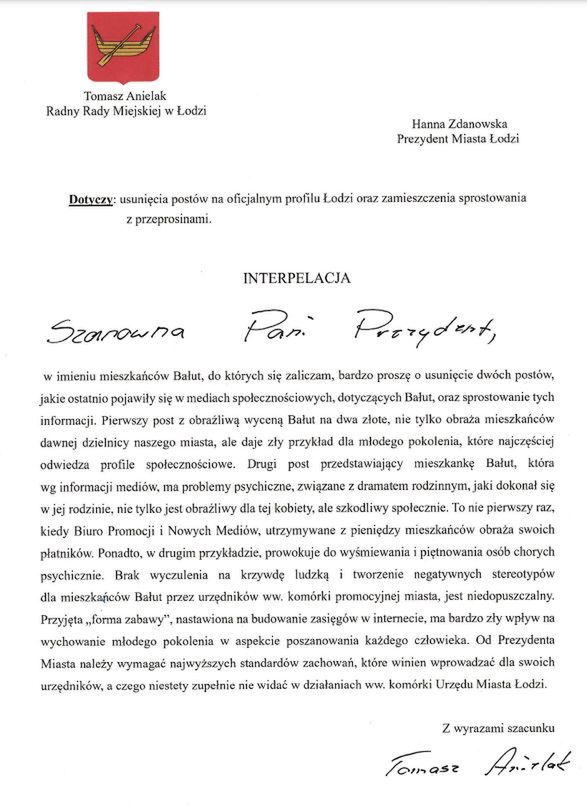 Interpelacja do prezydent Hanny Zdanowskiej