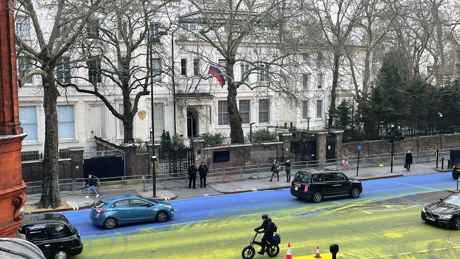 Russian invasion of Ukraine
A Ukrainian flag painted on the road outside the Russian embassy in London by protesters ahead of the anniversary of the invasion of Ukraine on Friday. Picture date: Thursday February 23, 2023. (Photo by Jane Barlow/PA Images via Getty Images)
Jane Barlow - PA Images