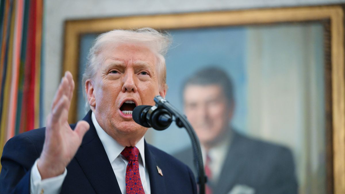 WASHINGTON, DC - DECEMBER 15: President Donald Trump speaks in the Oval Office at the White House on Monday December 15, 2025 in Washington, DC. Military members in attendance were receiving the Mexican Border Defense Medal. The President also signed an executive order declaring fentanyl as a "weapon of mass destruction". (Photo by Matt McClain/The Washington Post via Getty Images)