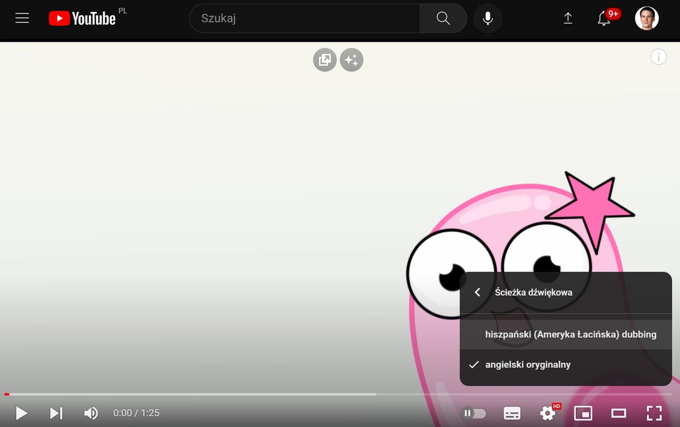 Wybór ścieżki dźwiękowej w YouTube