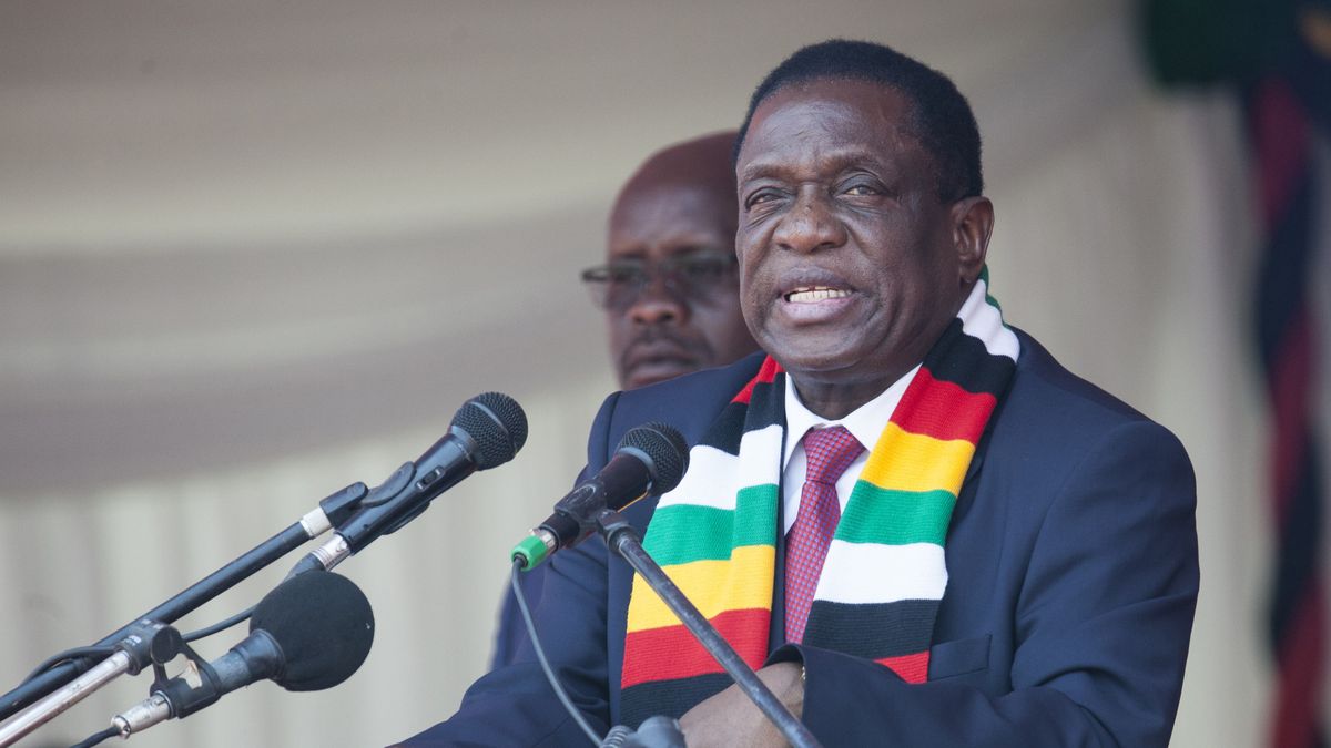 HARARE, ZIMBABWE - SEPTEMBER 14: President of Zimbabwe Emmerson Mnangagwa makes a speech during a funeral ceremony of former Zimbabwe President Robert Mugabe at the National Sport Stadium in Harare, Zimbabwe on September 14, 2019. Mugabe, who passed away in a Singapore hospital at the age of 95. (Photo by Wilfred Kajese/Anadolu Agency via Getty Images)
