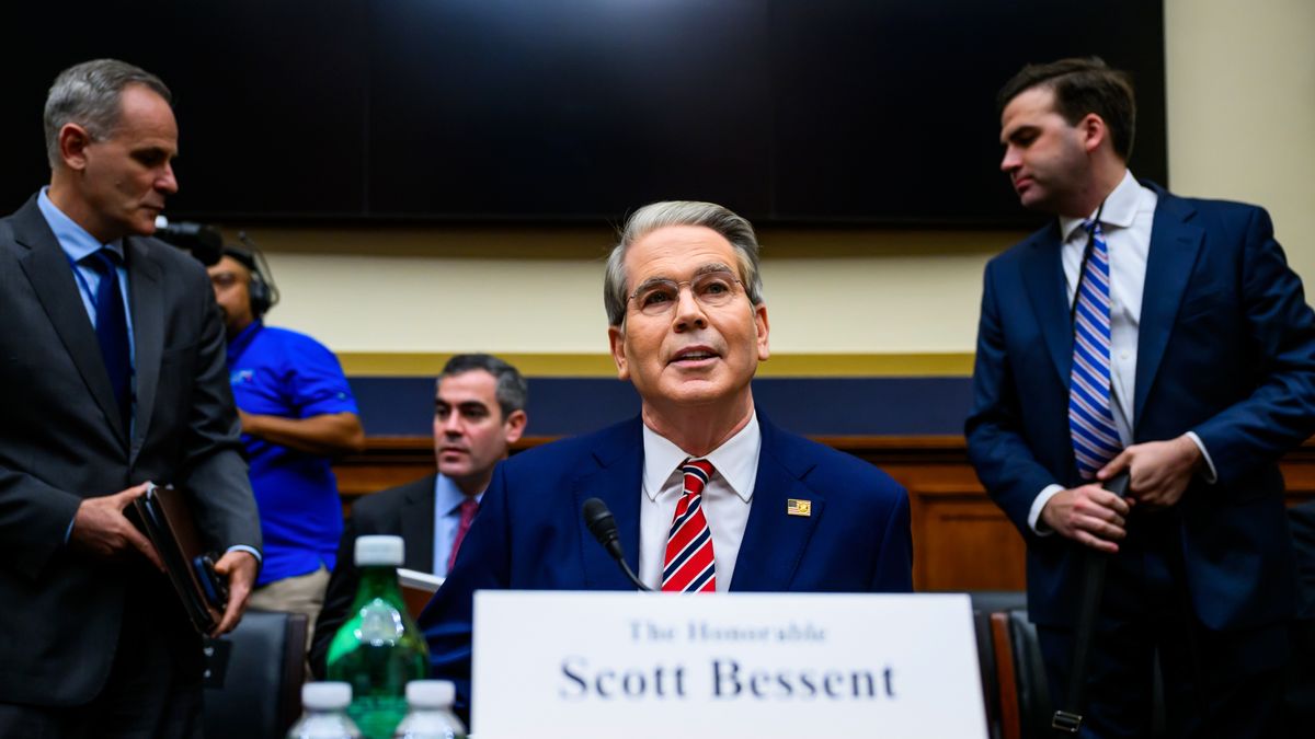 Scott Bessent, US treasury secretary, center, during a House Financial Services Committee hearing in Washington, DC, US, on Wednesday, May 7, 2025. Bessent said he's working with US legislators on outbound investment rules for China that would make clear what's allowed and what's not. Photographer: Pete Kiehart/Bloomberg via Getty Images
