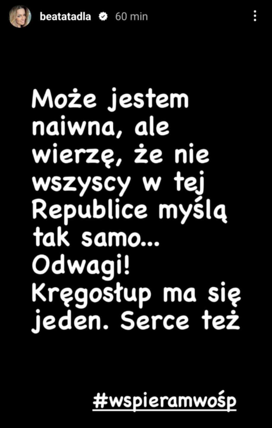 Beata Tadla wyraziła wsparcie dla WOŚP