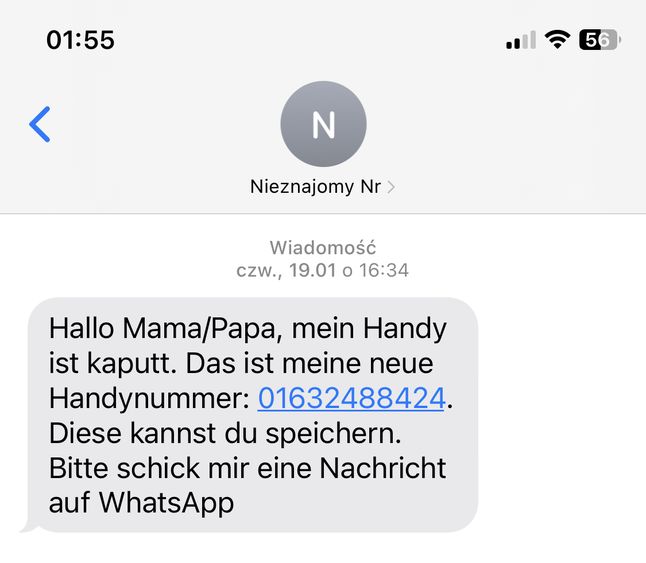 Fałszywy SMS o numerze telefonu - tutaj niemiecka wersja