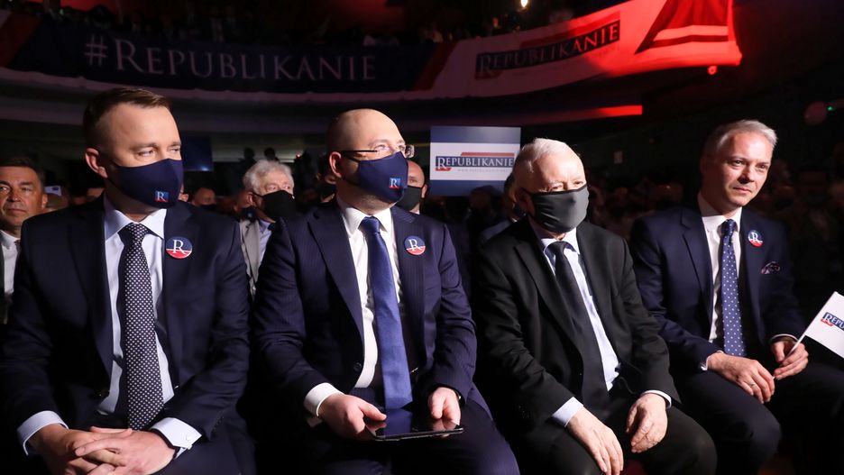 Jarosław Kaczyński w towarzystwie Adama Bielana, Michała Cieślaka oraz Jacka Żalka podczas zjazdu, na którym ogłoszone zostało powstanie partii Republikańskiej