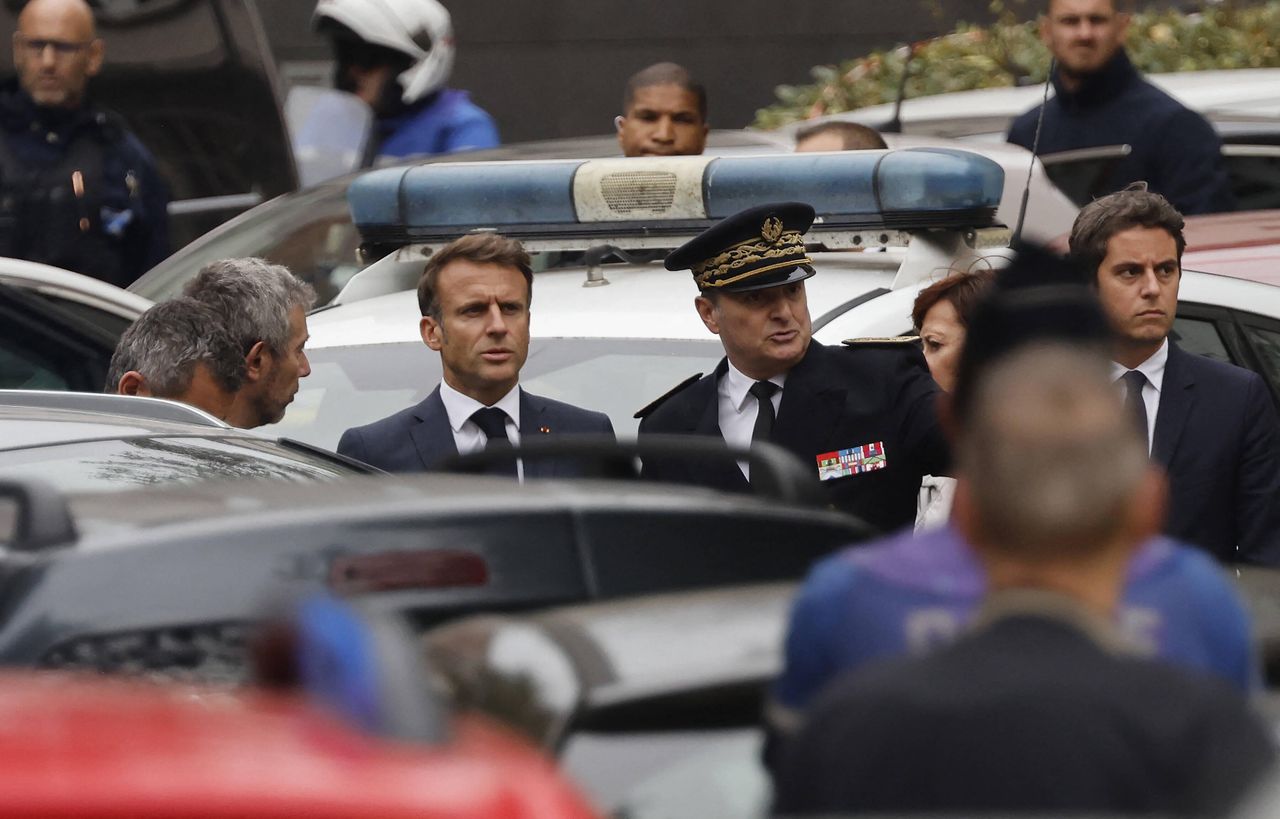 Emmanuel Macron appeared at the site of the attack in Arras.