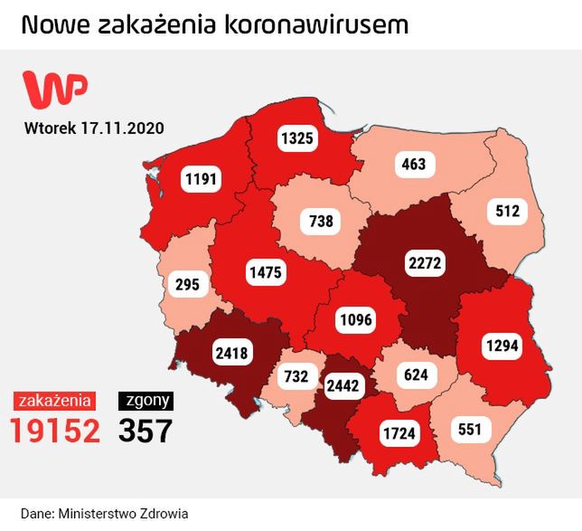 Koronawirus. Mapa zakażeń z 17 listopada