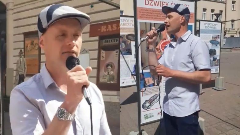 Krzysztof Krawczyk Junior śpiewa na Piotrkowskiej w Łodzi piosenki zmarłego ojca