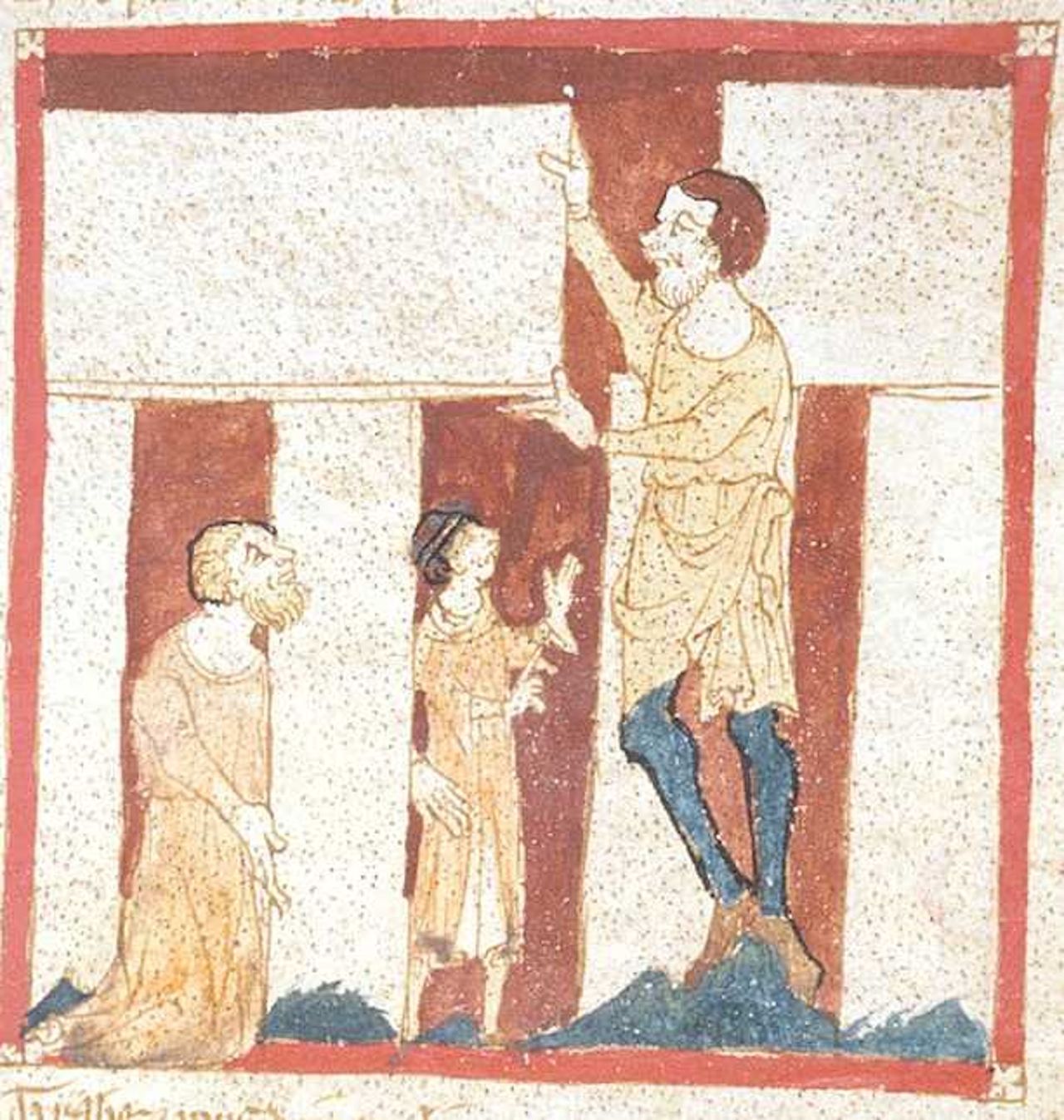 14th-century depiction of a giant who helps Merlin build Stonehenge.