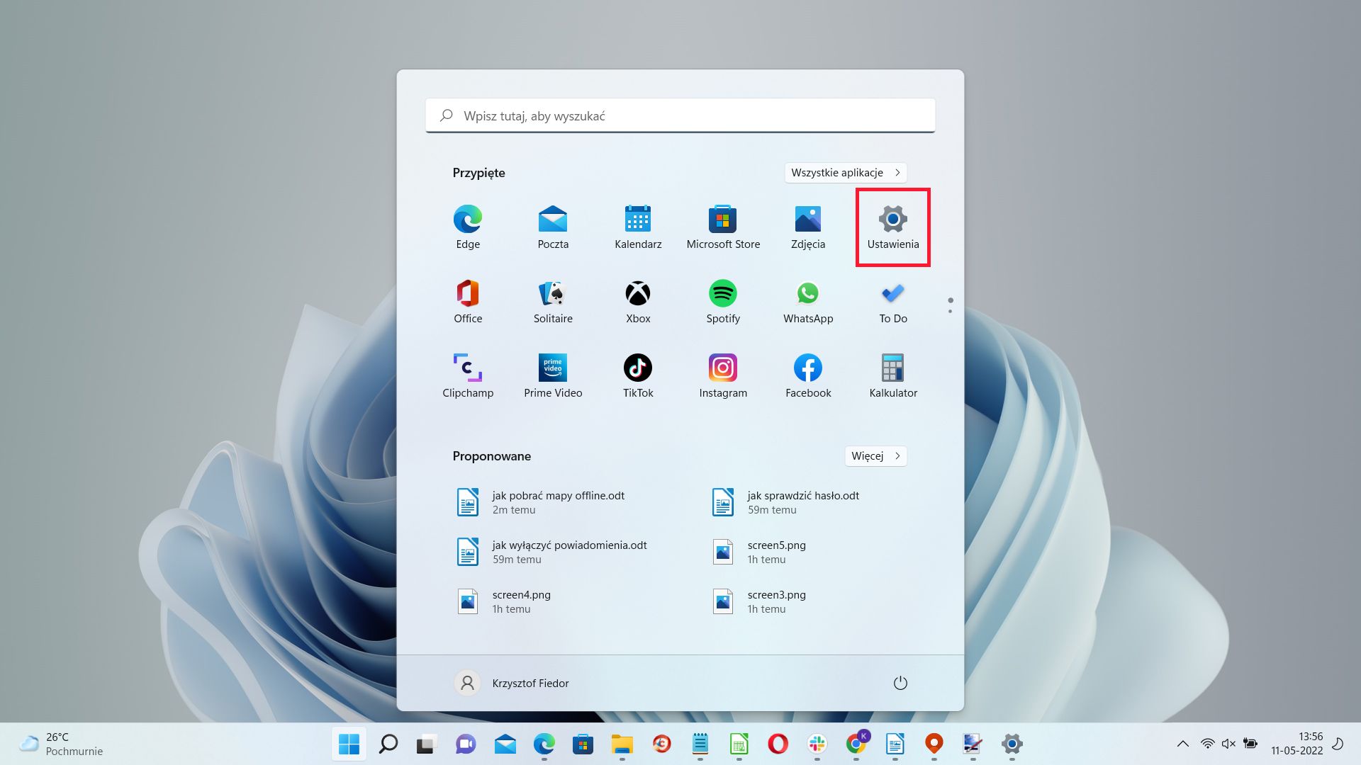 Windows 11: menu Start - Ustawienia