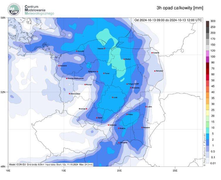  Prognozowane opady w niedzielę