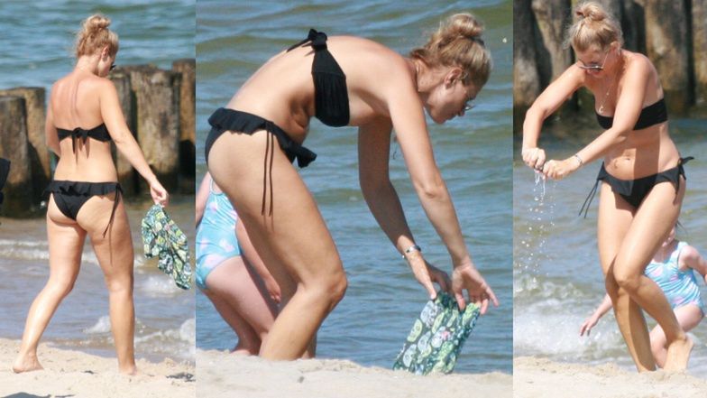 Spełniona mama Aleksandra Kisio dogląda dzieci na plaży w Chałupach