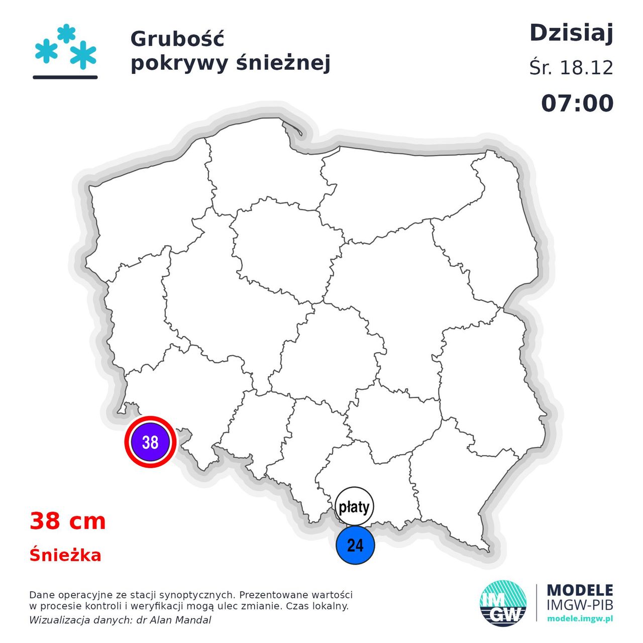 Grubość pokrywy śnieżnej o 7:00