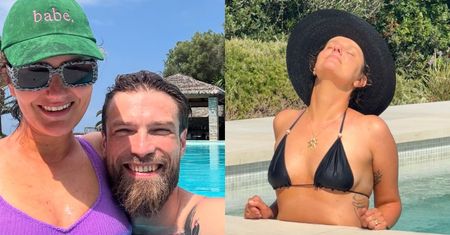 Zofia Zborowska w czarnym bikini wyłania się z basenu i zadowolona ogłasza: "Piękne zdjęcia zrobił mi stary"