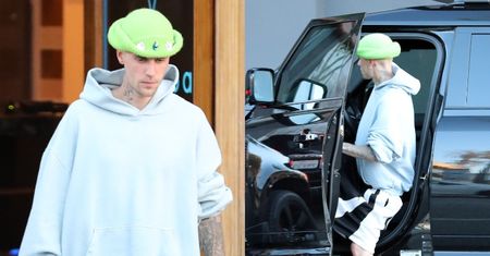 Posępny Justin Bieber w zielonym kapelutku wlecze się do samochodu, wychodząc ze SPA
