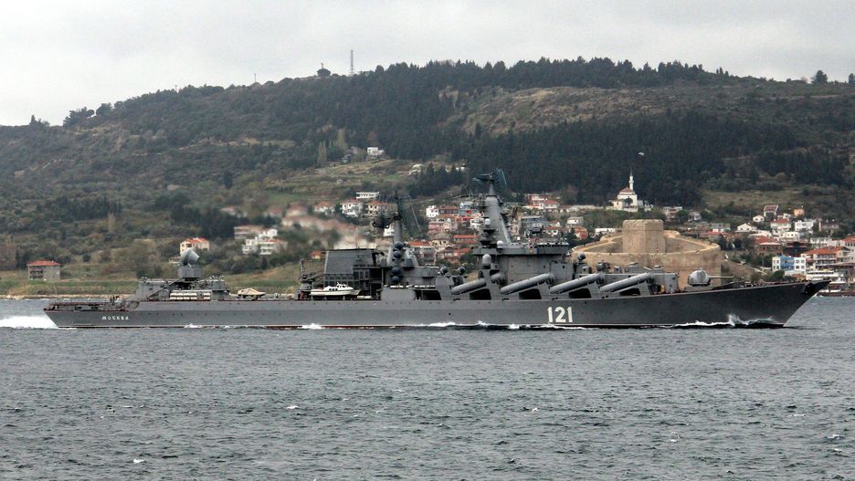 CANAKKALE, TURKIYE - (ARCHIVE): A file photo dated November 15, 2013 shows guided missile cruiser of the Russian Navy, Moskva, passing through  the Dardanelles strait in Canakkale, Turkiye.  Russian Defense Ministry says fire broke out on naval cruiser Moskva. "As a result of a fire, ammunition exploded on the Moskva missile cruiser. The ship was seriously damaged. The crew was completely evacuated,â the ministry said in a statement. Late Wednesday, Maksym Marchenko, the head of Ukraineâs Odessa Regional Military Administration, said the Ukrainian military had struck the warship with two Neptune class anti-ship missiles, causing severe damage. (Photo by Burak Akay/Anadolu Agency via Getty Images)