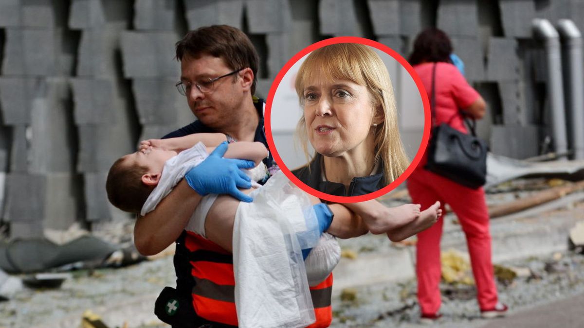 Ewa Piekarska-Dymus. W tle: zdjęcie z ataku Rosjan na Ochmatdyt