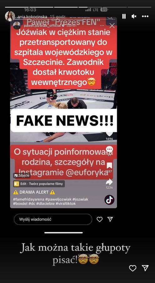 Anna Kokocińska ostro ws. plotek na temat Jóźwiaka
