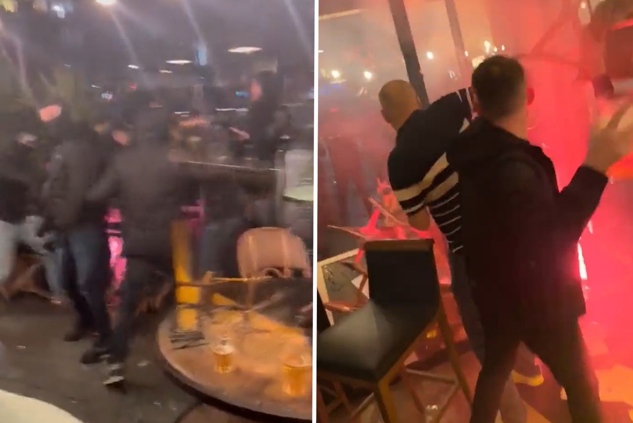 Clash of PSG and Newcastle fans in one of the French pubs.