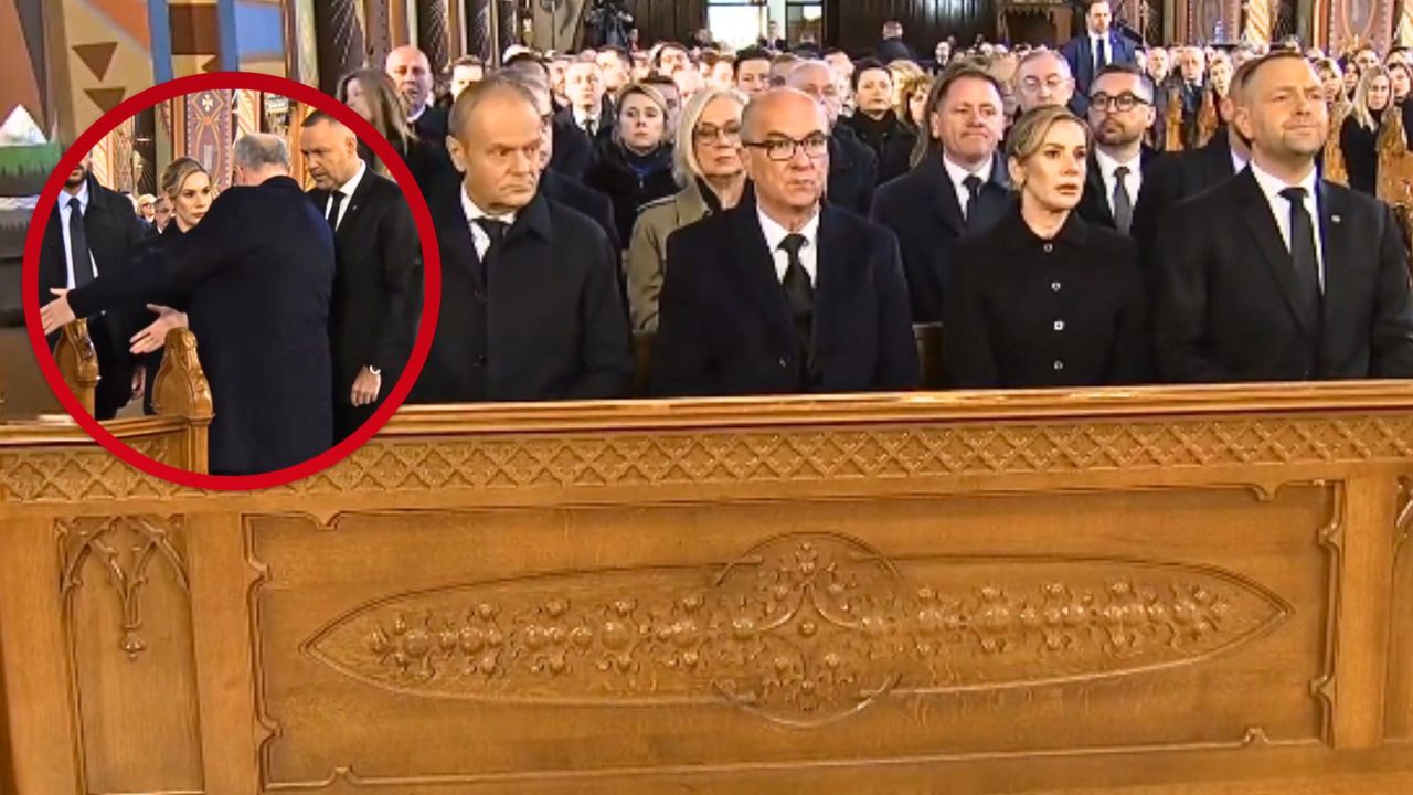 Pogrzeb Łukasza Litewki. Tusk i Nawrocki usiedli w jednej ławce
