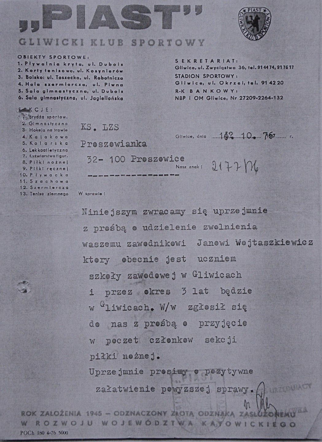 Pismo z jesieni 1976 roku, którym Piast Gliwice prosi o zwolnienie Jana Wojtaszkiewicza