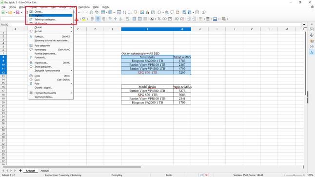 LibreOffice Calc: menu Wstaw-Wykres
