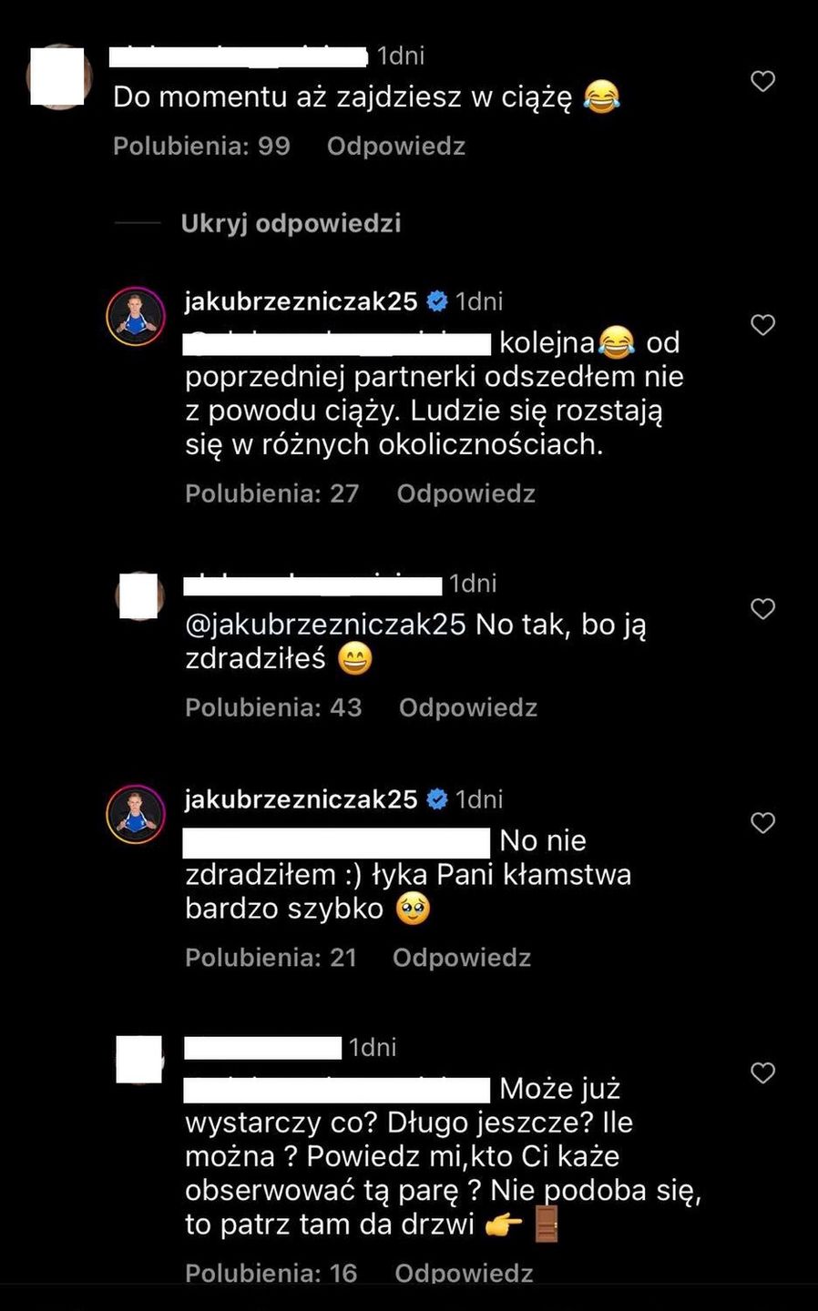 Jakub Rzeźniczak wdaje się w dyskusję z internautką. Zarzuciła mu zdradę