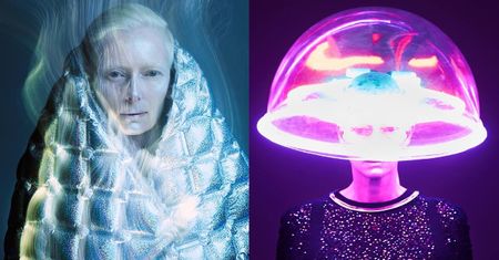 Tilda Swinton w kołdrze i z miską na głowie