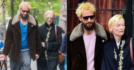 Szczęśliwa Tilda Swinton na spacerze z żółtowłosym partnerem