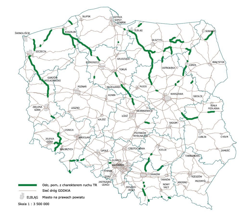 Mapa z odcinkami o charakterze turystyczno-rekreacyjnym